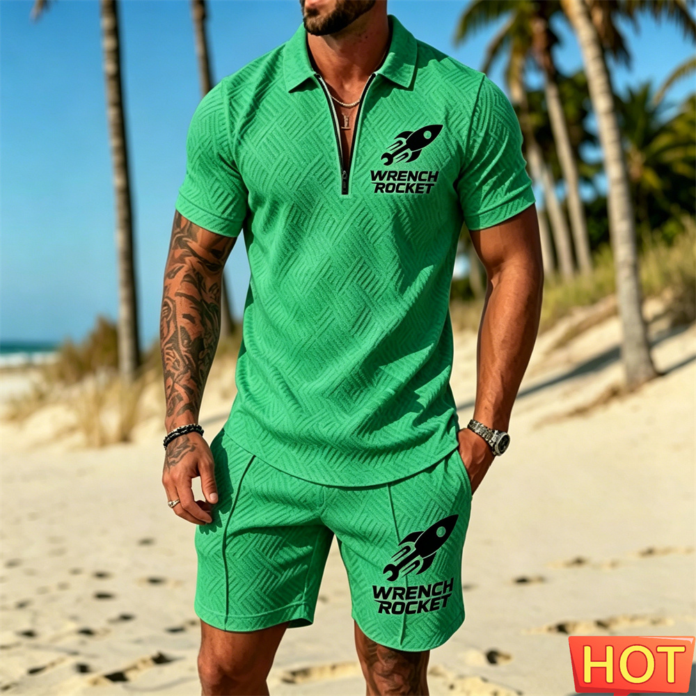 Summer Vacation Clothing Men - 夏のメンズアウトフィット メンズバケーションポロセット カジュアルデイリーホーム メンズツーピースセット メンズお揃いセット 無地