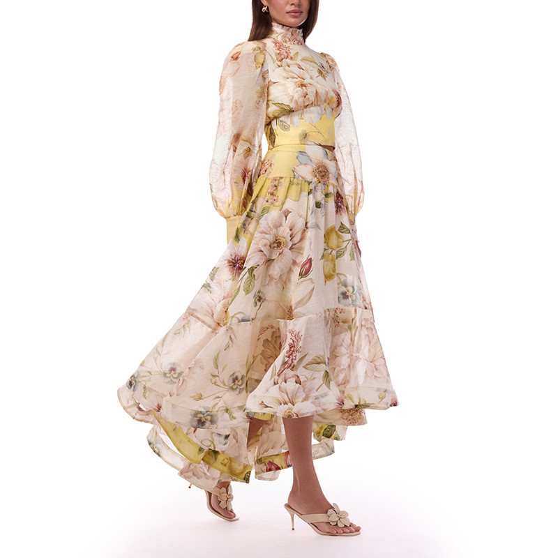 Summer Vacation Clothing Women - 夏の花柄プリントホリデー2ピースセットスタンドカラー長袖トップス+ハイウエストAラインスカート女性用カジュアルバケーションウェア