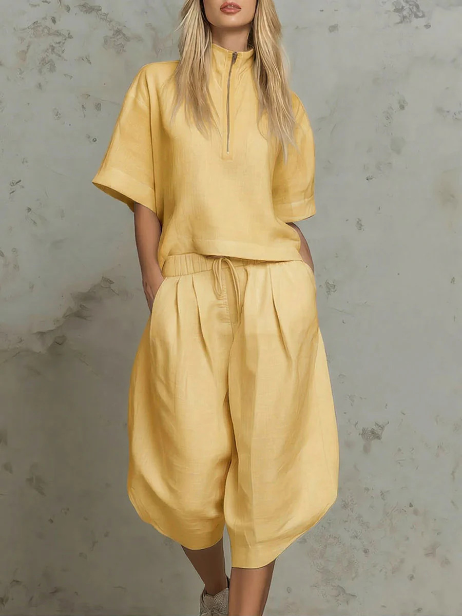 Summer Vacation Clothing Women - レディースファッション ツーピースセット 新作 ハーフジップ半袖トップス + カジュアルショートパンツ