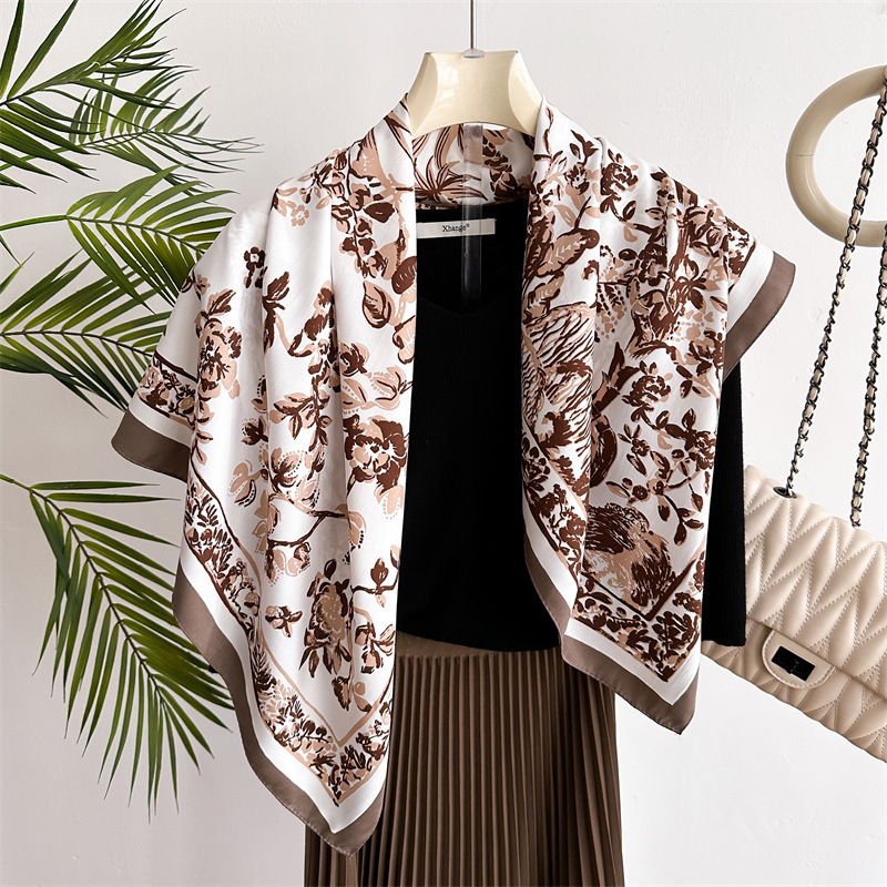 Sarong Pareo Wrap - ビーチパレオサロングスカーフ女性用ツイルシルク感90X90cmプリント大型ショールファッションネッカチーフラップスカーフバンダナHjiab