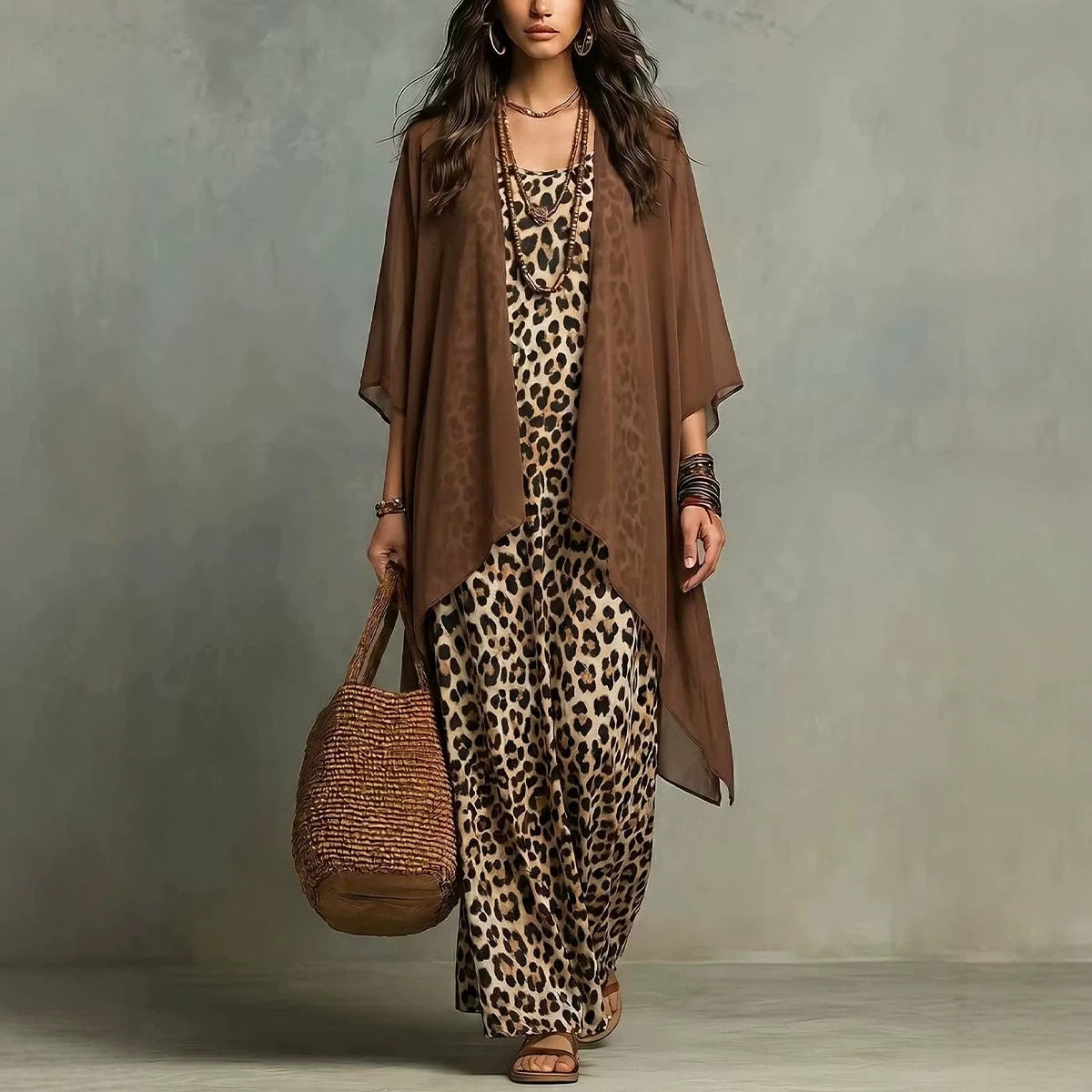 Summer Vacation Clothing Women - シフォンレオパード柄スパゲッティストラップドレスとシースルーカバーアップカーディガンのツーピースセット、女性用お揃いセット、ビーチバケーションに最適