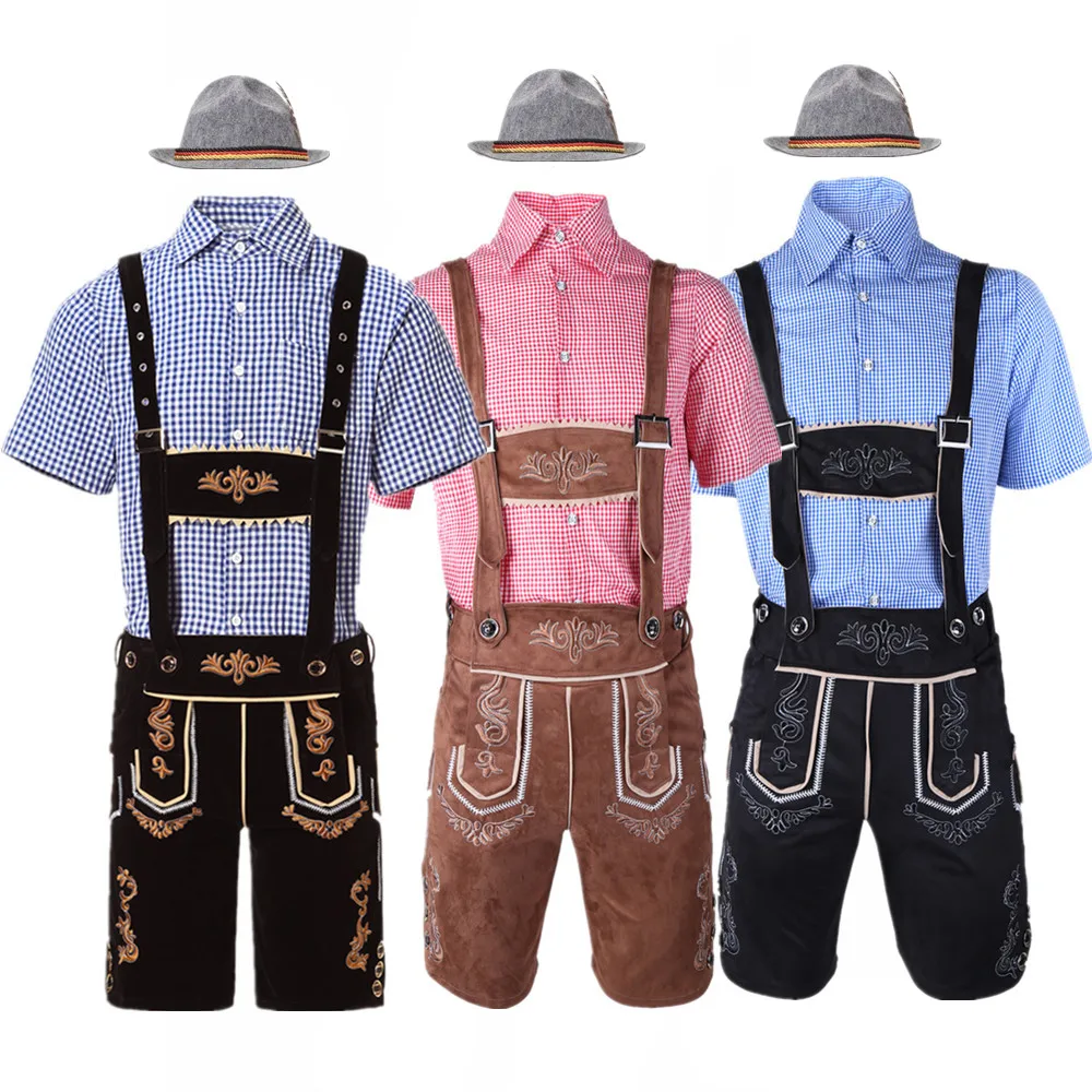 Summer Vacation Clothing Men - 男性ドイツオクトーバーフェストレーダーホーゼン衣装半袖サスペンダーロンパースシャツ帽子バイエルンビール祭り男性コスプレ衣装