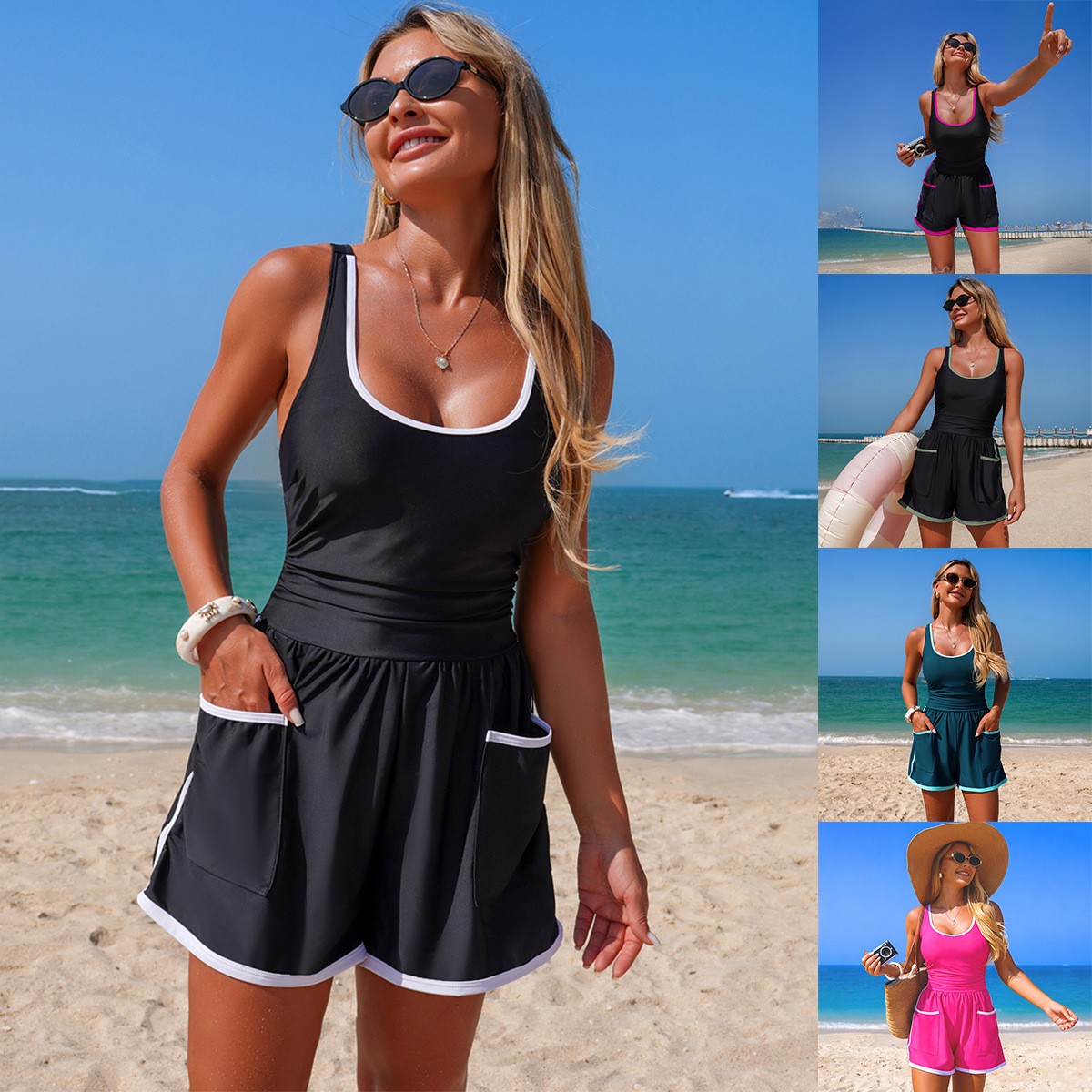Swimsuit One Piece - 黒に白のトリムが付いたワンピース水着ノースリーブ V ネックワンピースタンクトップコントラストトリム水着サイドポケット水着