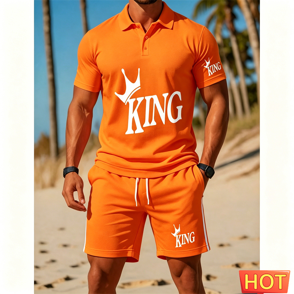 Summer Vacation Clothing Men - メンズ半袖スーツセット - ツーピースセット ファッションレター KING バケーション