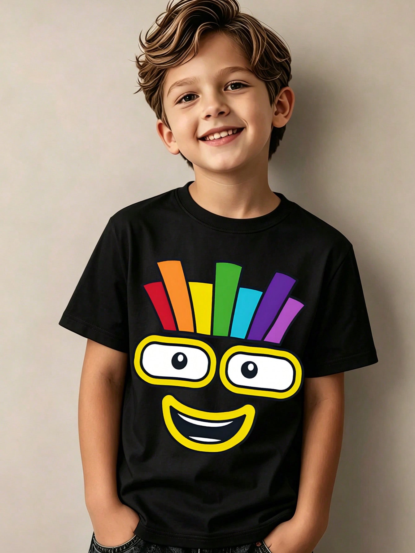 Summer Clothing Images - 男の子用夏物ラウンドネック半袖シャツ - デジタルブロック柄プリントTシャツ、男の子用プルオーバー、男の子の日常のアウトドアウェアに最適