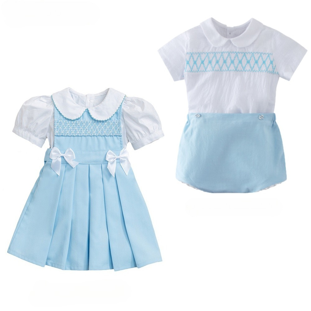 Summer Clothing In Spanish - 2026 キッズ兄弟姉妹セット スペイン風刺繍スモック半袖服 男の子女の子お揃いユニセックスコットン衣装