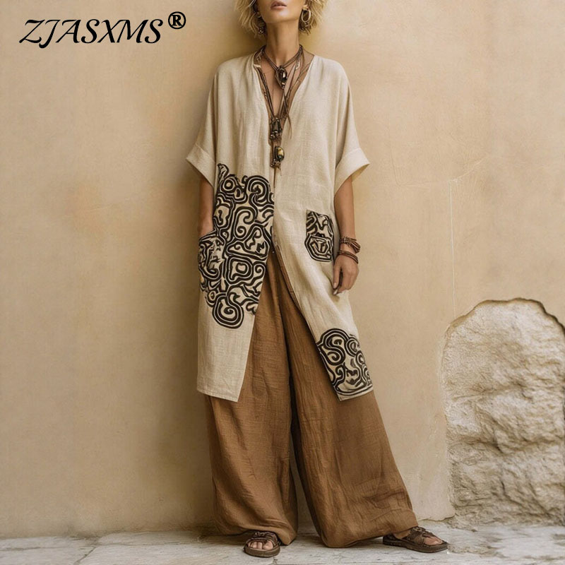 Summer Vacation Clothing Women - ボヘミアン風オープンフロント着物幾何学模様プリントポケットトップワイドレッグパンツ3点セット春夏ローブセット女性用ルーズバケーション衣装