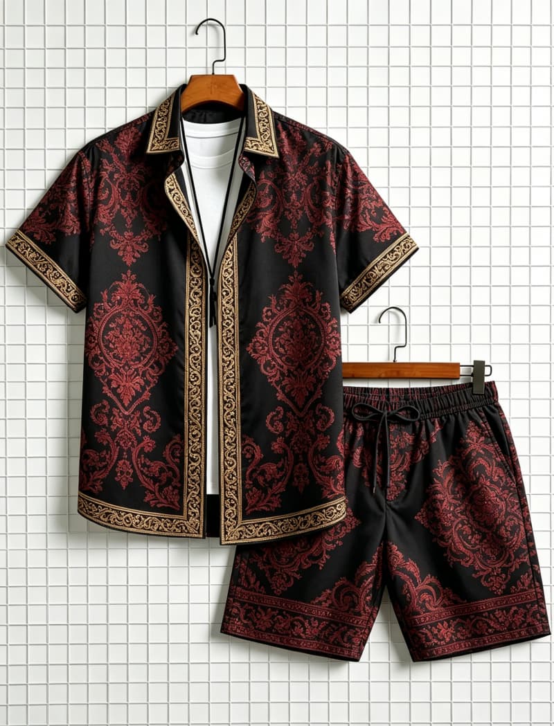 Summer Clothing Haul - メンズエスニック柄プリント半袖シャツとショートパンツのセット、爽やかで上品なスタイル、普段着やアウトドア旅行に最適