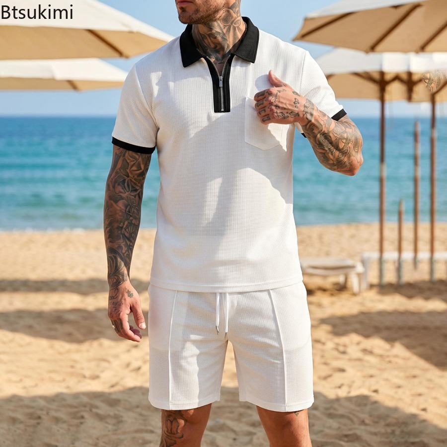 Summer Vacation Clothing Men - メンズワッフルカラーポロ半袖ショーツセットビーチ休暇カジュアルセット夏のストリートウェア日常着セットファッション男性服