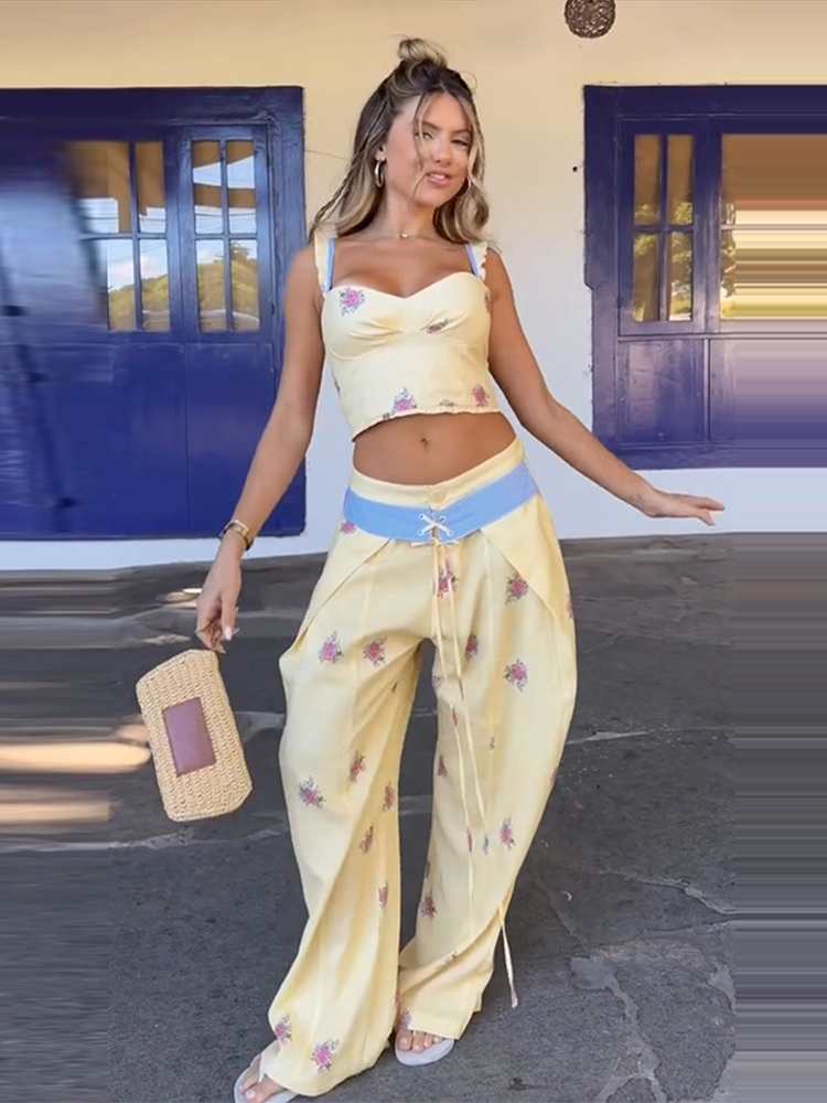Summer Vacation Clothing Women - セクシーなプリントベストパンツ レディースセット エレガントな長袖レースアップトップ ワイドレッグトラウザーズ 2026年秋冬バケーションレディースファッション新作