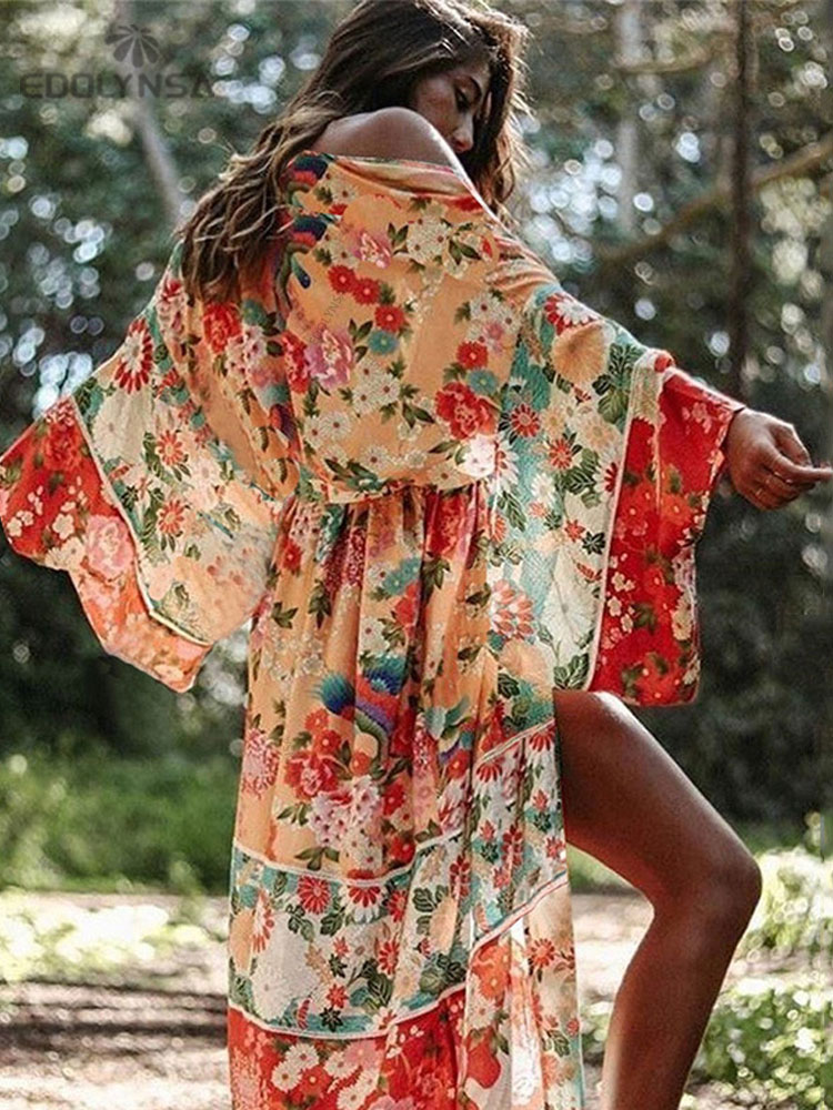 Sarong Pareo Wrap - 2025年ボヘミアン花柄プリントフロントオープンサマーレディースビーチウェアラップドレスシフォンチュニックセクシーサロンガローブデプラージュパレオQ751