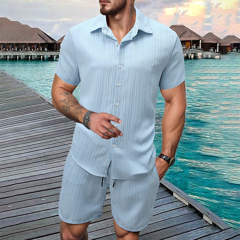 Summer Clothing Haul - 2026年新作 メンズ 縦型シワ加工ラペル半袖シャツ＆ショーツ 2点セット レギュラーフィット 夏