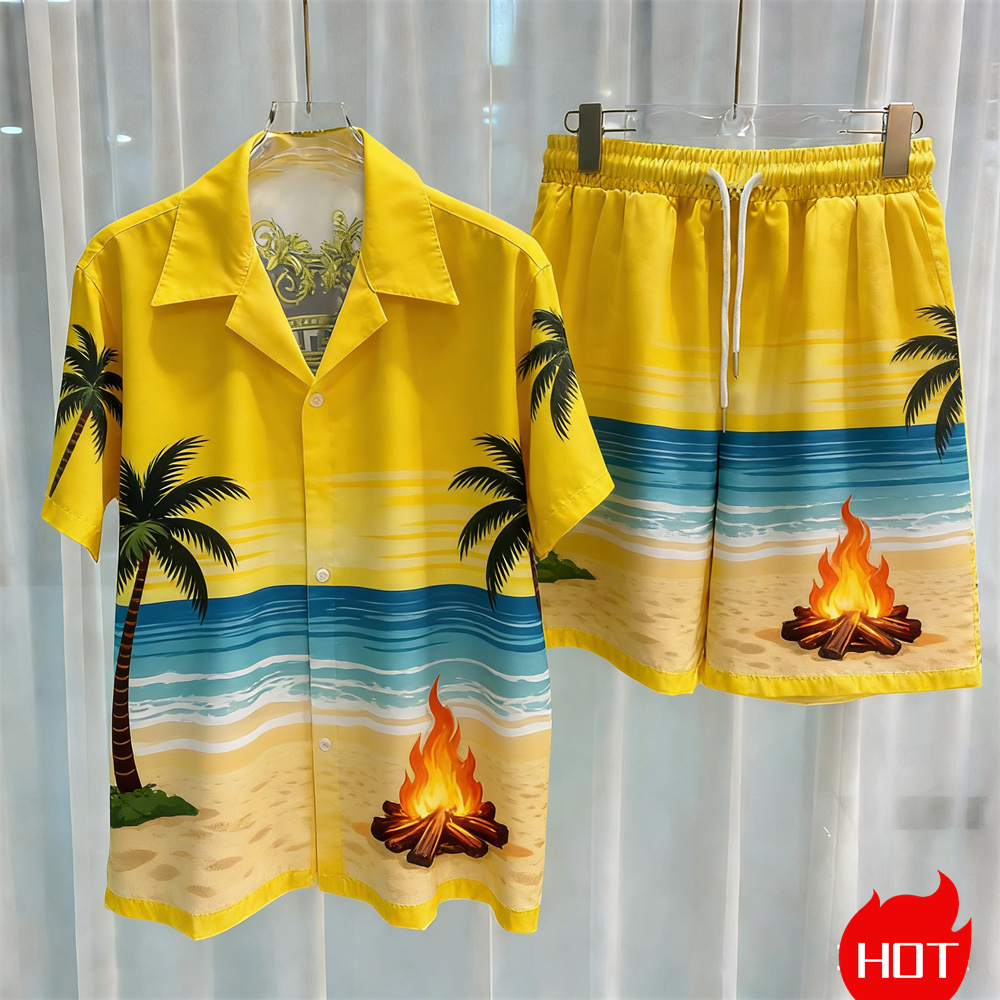 夏のメンズシャツセット 3Dココナッツツリー柄 ポリエステル - Summer Vacation Clothing Men のレビューと価格