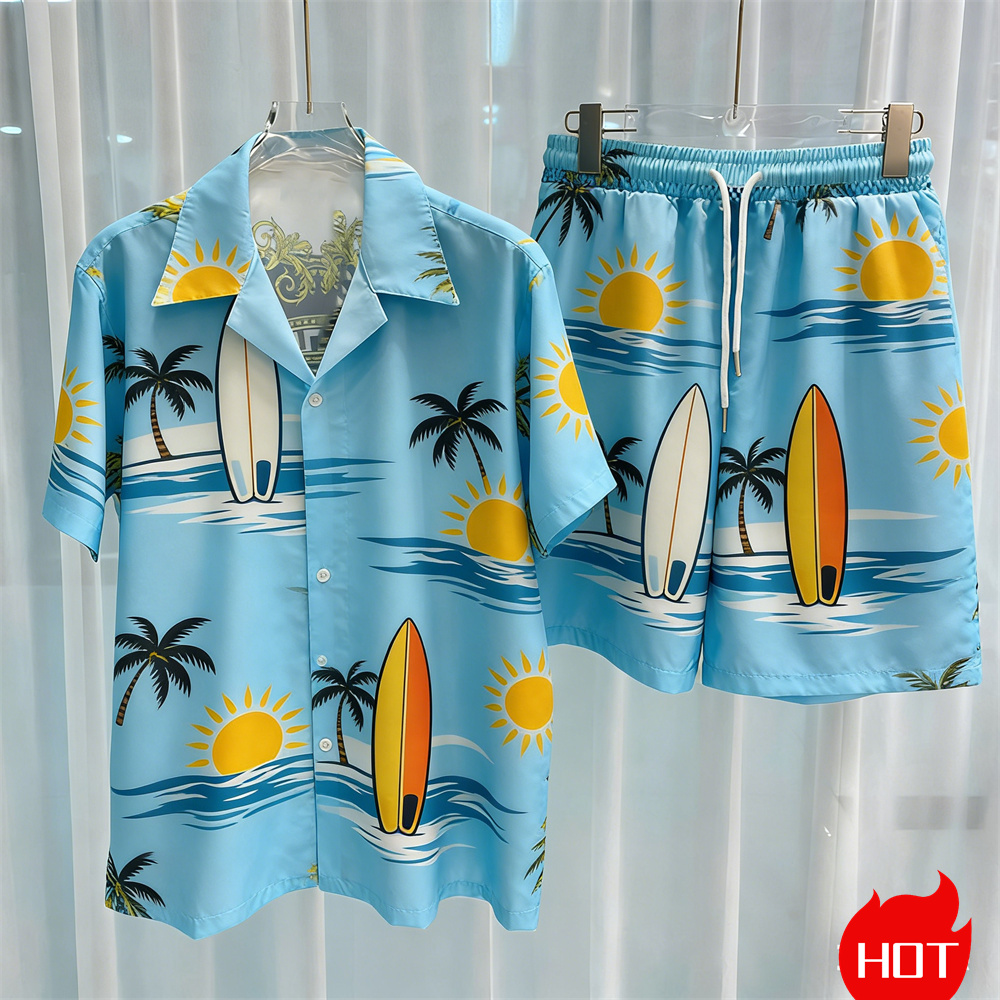 夏のメンズシャツセット 3Dココナッツツリー柄 ポリエステル - Summer Vacation Clothing Men のレビューと価格