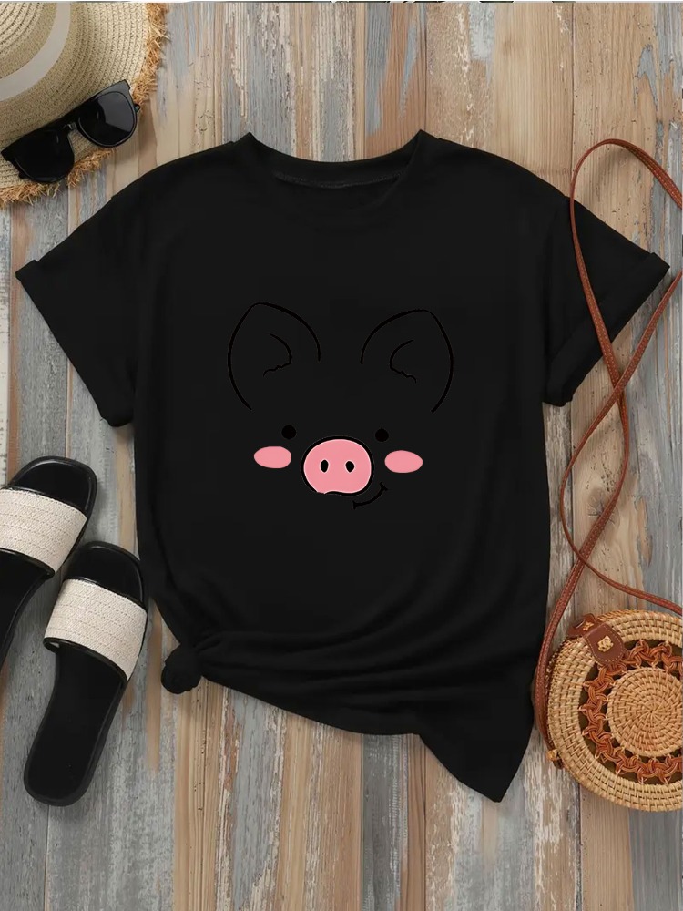 女性用のかわいい豚の顔のTシャツ、シンプルなラインが施された - Summer Clothing Images のレビューと価格