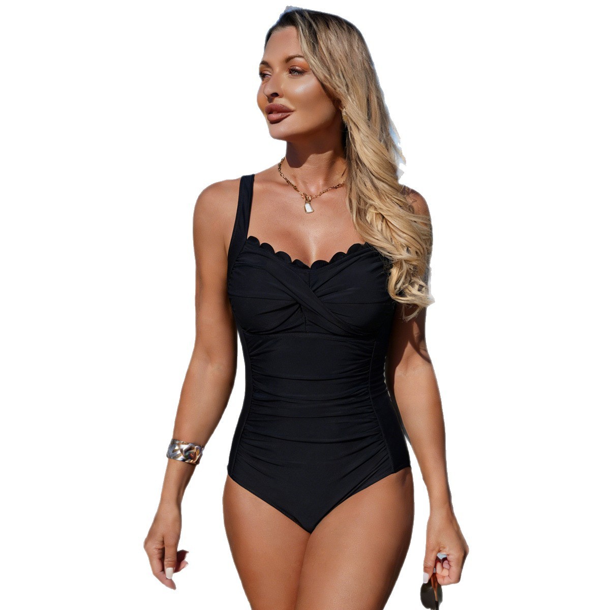 黒の水着 スカラップネックライン ツイストフロント オリーブ - Swimsuit One Piece のレビューと価格