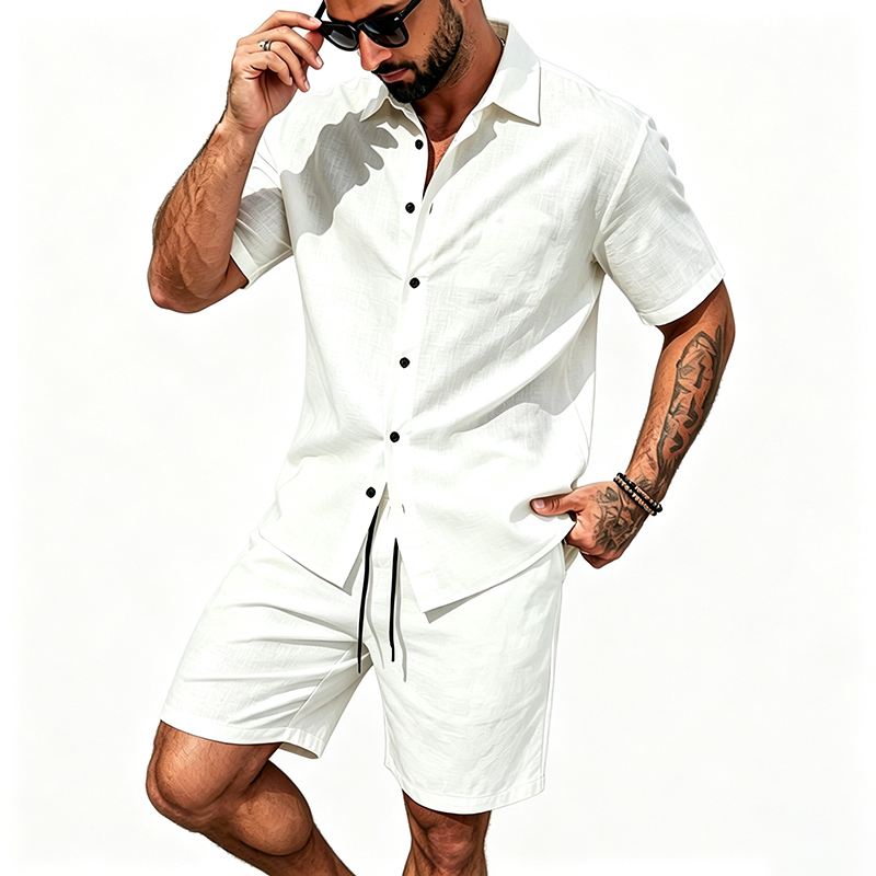男性リネンツーピース衣装半袖ラペルボタンシャツ弾性ドロースト - Summer Clothing Haul のレビューと価格
