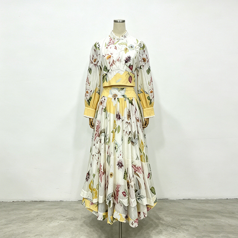 夏の花柄プリントホリデー2ピースセットスタンドカラー長袖トッ - Summer Vacation Clothing Women のレビューと価格