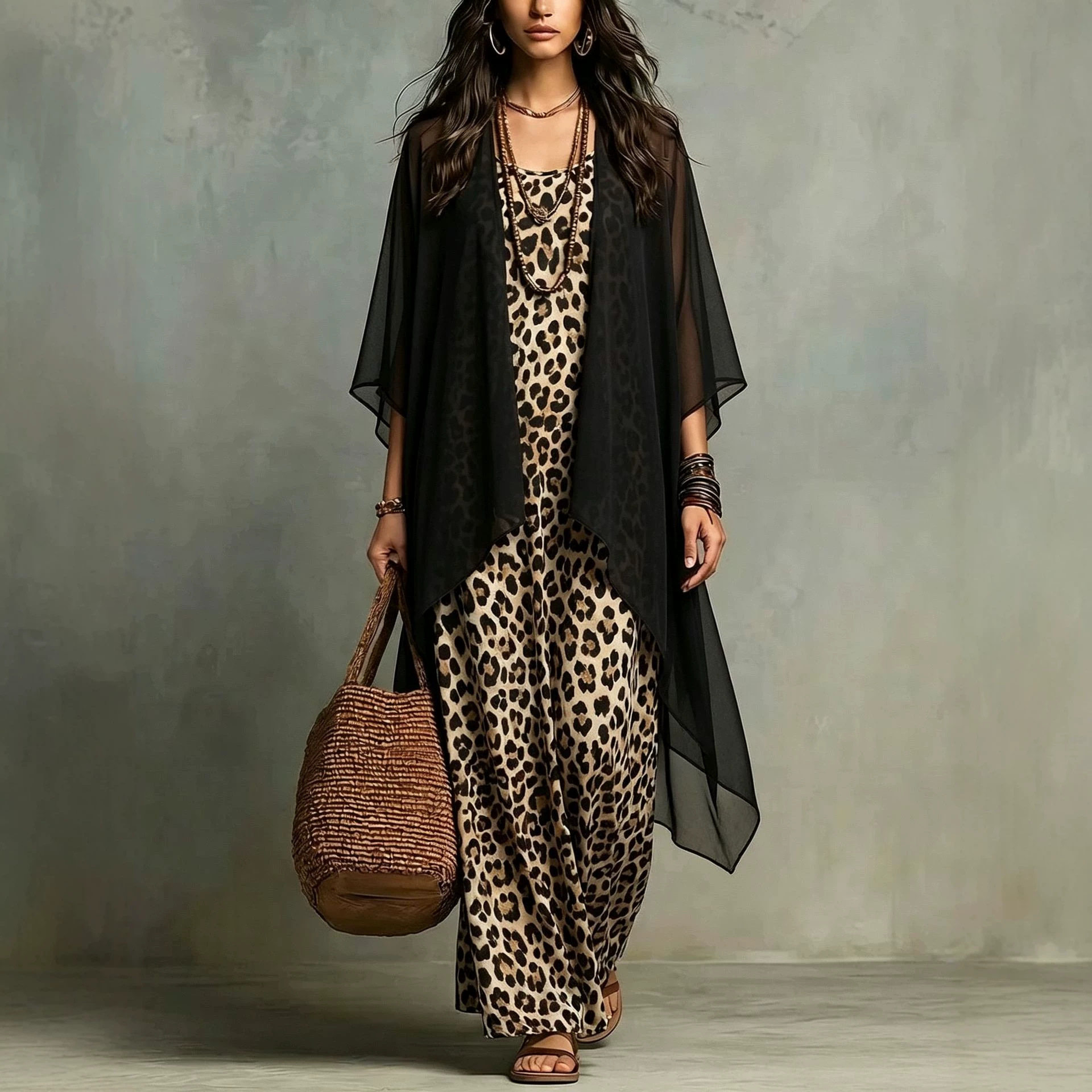 シフォンレオパード柄スパゲッティストラップドレスとシースルー - Summer Vacation Clothing Women のレビューと価格