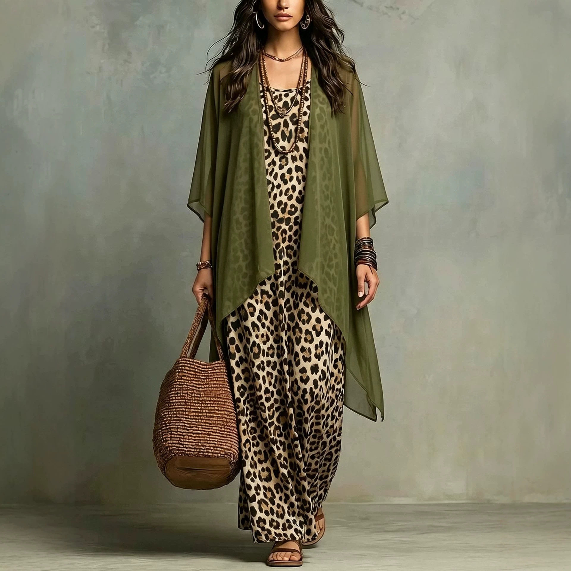 シフォンレオパード柄スパゲッティストラップドレスとシースルー - Summer Vacation Clothing Women のレビューと価格