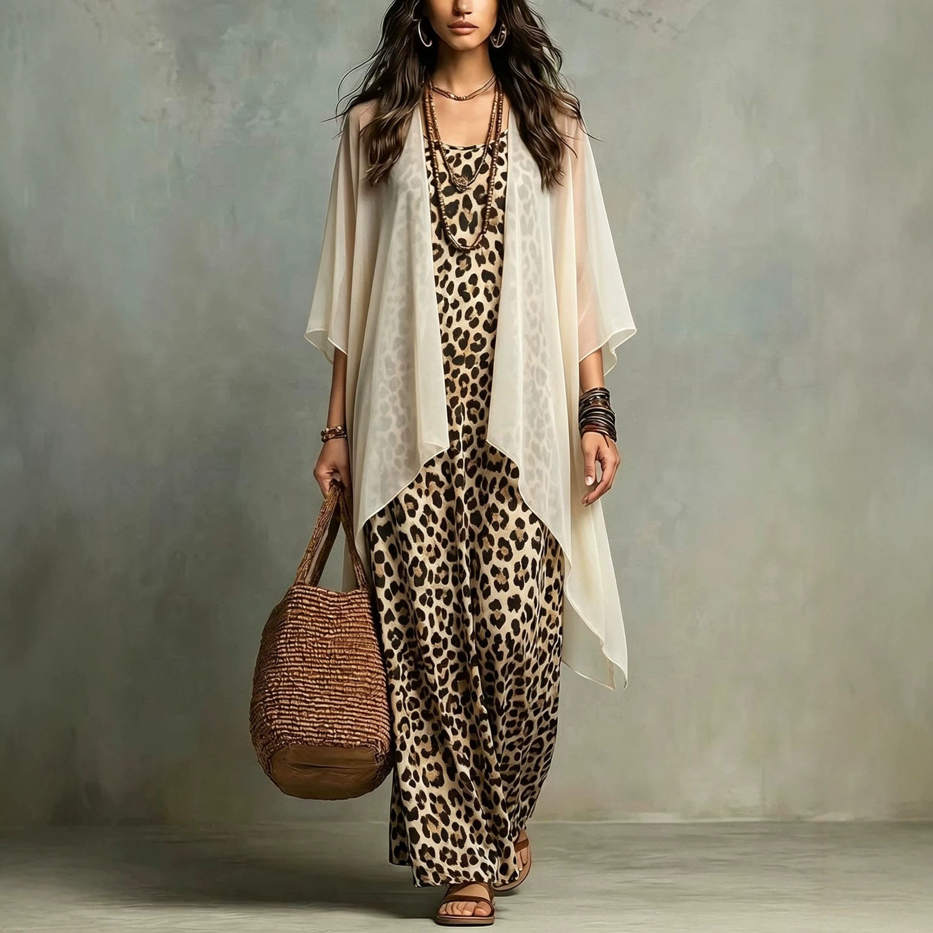 シフォンレオパード柄スパゲッティストラップドレスとシースルー - Summer Vacation Clothing Women のレビューと価格