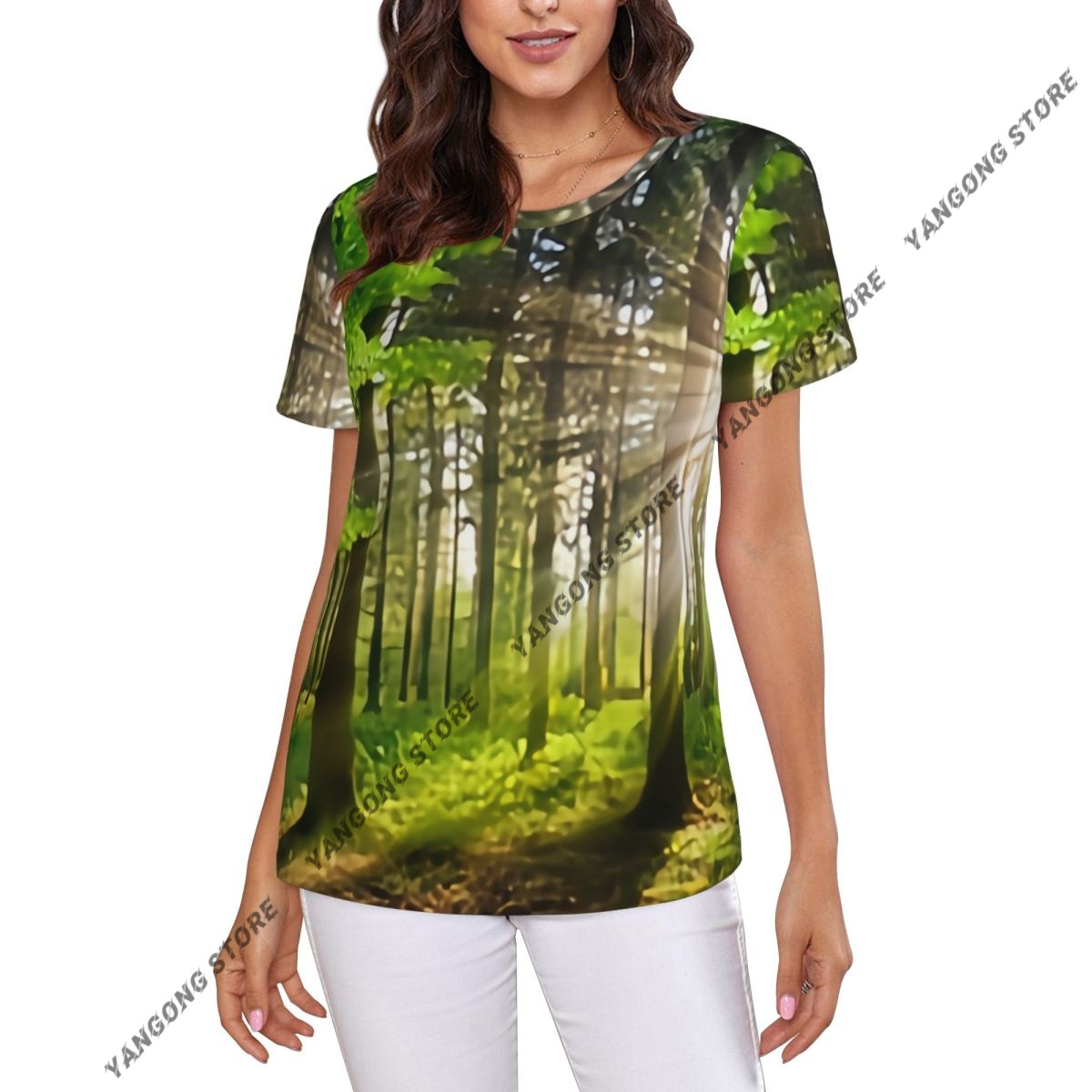 レディース半袖パノラマ風景太陽光線輝く森カジュアル Tシャツ - Summer Rays Clothing のレビューと価格
