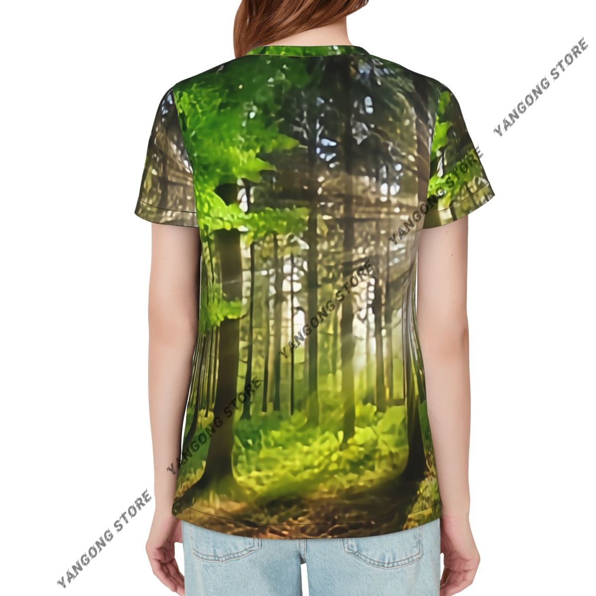 レディース半袖パノラマ風景太陽光線輝く森カジュアル Tシャツ - Summer Rays Clothing のレビューと価格