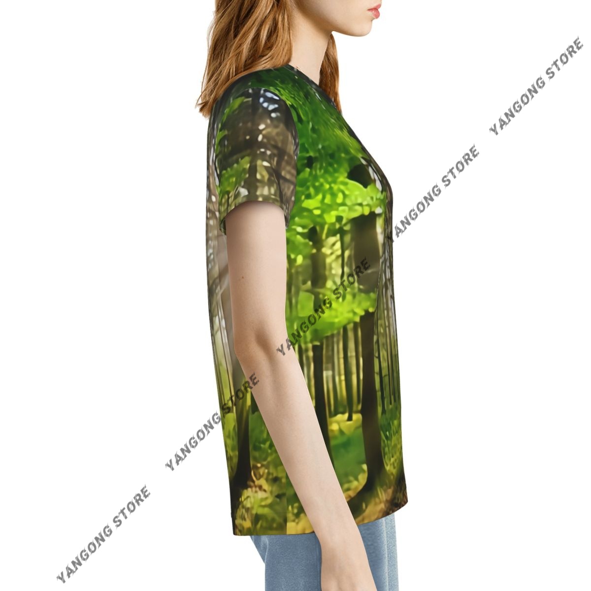 レディース半袖パノラマ風景太陽光線輝く森カジュアル Tシャツ - Summer Rays Clothing のレビューと価格