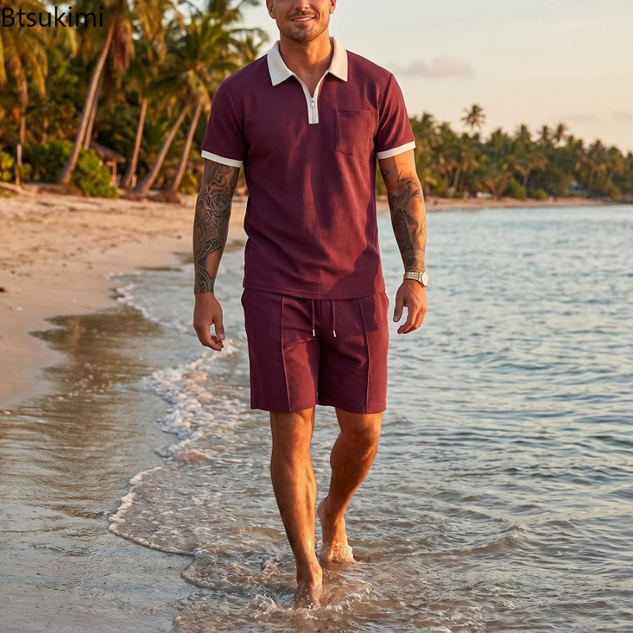 メンズワッフルカラーポロ半袖ショーツセットビーチ休暇カジュア - Summer Vacation Clothing Men のレビューと価格