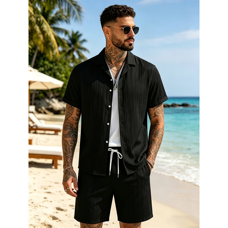2メンズサマーカジュアルスーツセット、キューバカラーシャツ+ - Summer Vacation Clothing Men のレビューと価格