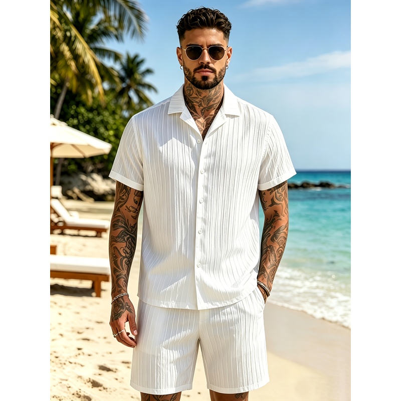 2メンズサマーカジュアルスーツセット、キューバカラーシャツ+ - Summer Vacation Clothing Men のレビューと価格