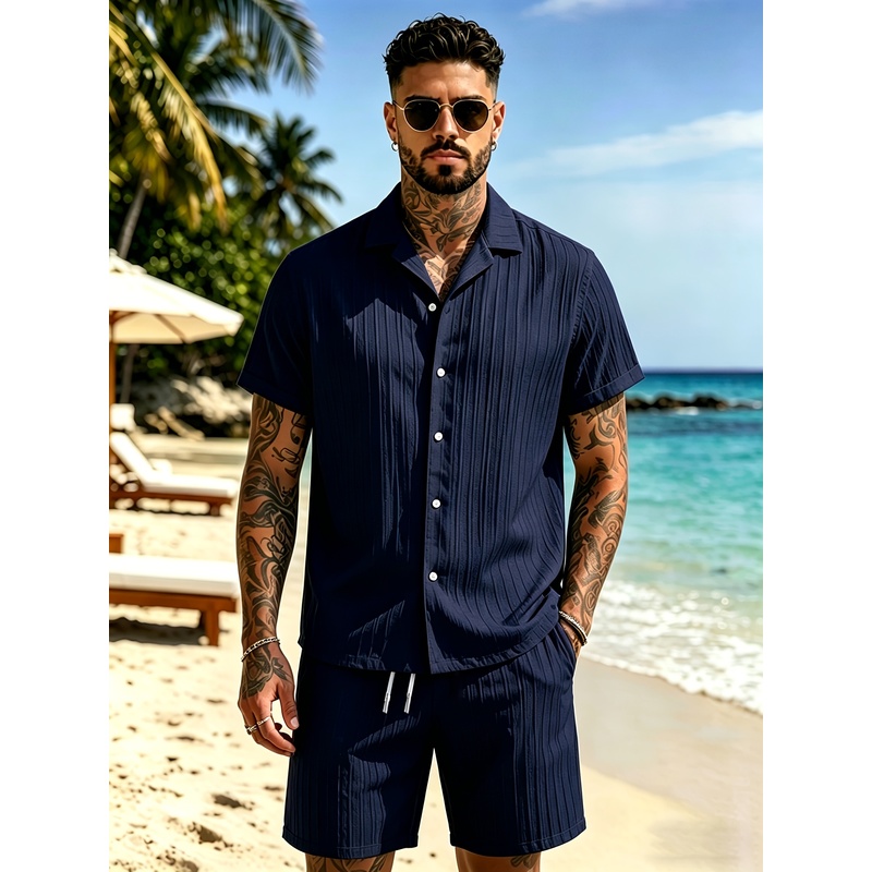 2メンズサマーカジュアルスーツセット、キューバカラーシャツ+ - Summer Vacation Clothing Men のレビューと価格