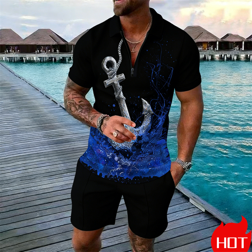サマーメンズポロシャツセット ヴィンテージ船錨プリント メン - Summer Vacation Clothing Men のレビューと価格